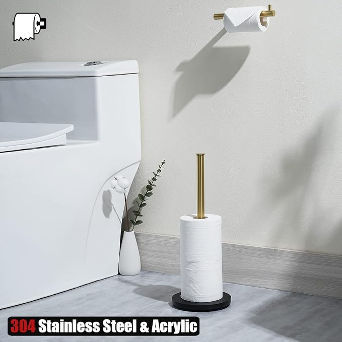 JQK Toilet Paper Storage Stand Gold, 304 Stainless Steel Thicken 0.8mm Tissue Reserve Holder Dispenser for Bathroom, Brushed Gold, TPS180-BG