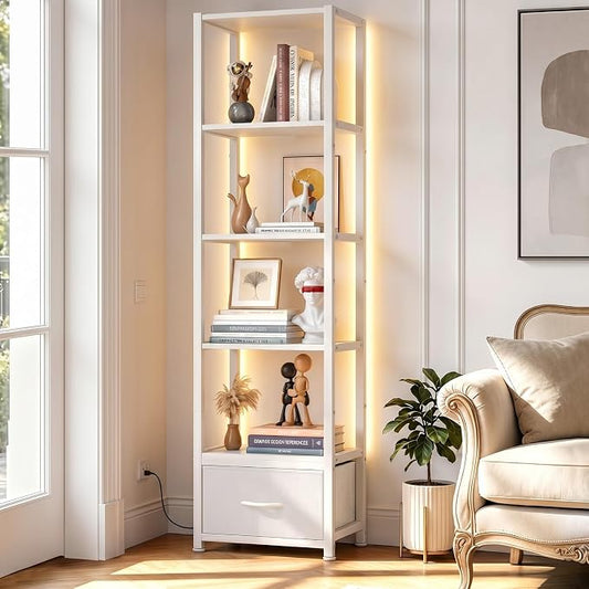 Housolution 6 Tier 60.6" Tall Bookshelf with Storage and LED Light, White | Narrow Corner Shelf Stand with Fabric Drawer, Bookcase Storage Organizer, Standing Shelf Unit for Small Spaces