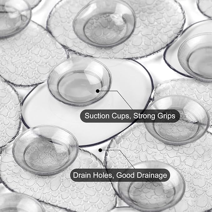 WELTRXE Pebbles Bathtub Mat Non Slip Oval Shower Mat with Suction Cups, Drain Holes, 27 x 14 Inch Plastic Bathroom Tub Mats Machine Washable, BPA, Latex Free Safety Mat for Bath Tub, Clear Gray