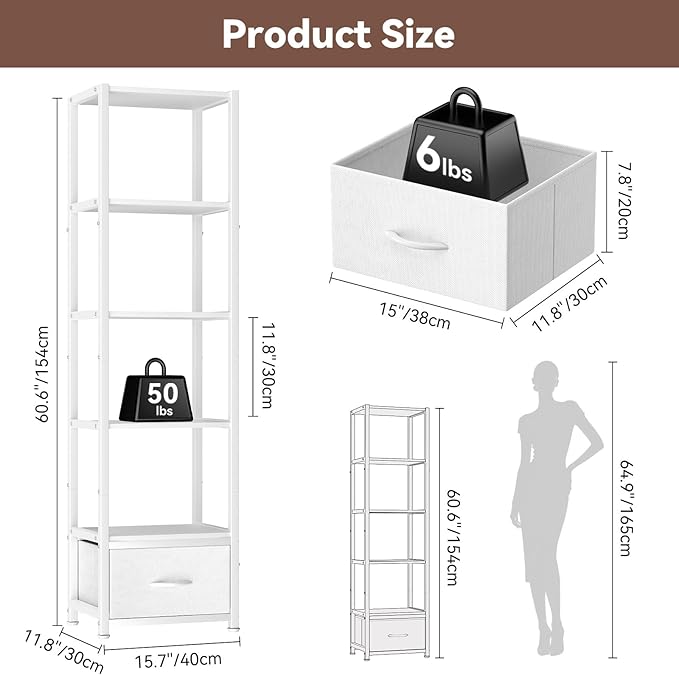 Housolution 6 Tier 60.6" Tall Bookshelf with Storage and LED Light, White | Narrow Corner Shelf Stand with Fabric Drawer, Bookcase Storage Organizer, Standing Shelf Unit for Small Spaces