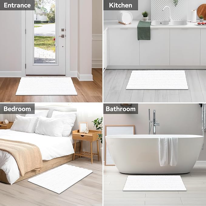 Bcoimo Bath Rug Mat,36x24 Chenille Non Slip White Bathroom Floor Shower Mat | Extra Soft Bathroom Rugs;Non Slip with Rubber Backing Bath Mats;High Absorbent And Quick Dry Microfiber mat; Machine Washable
