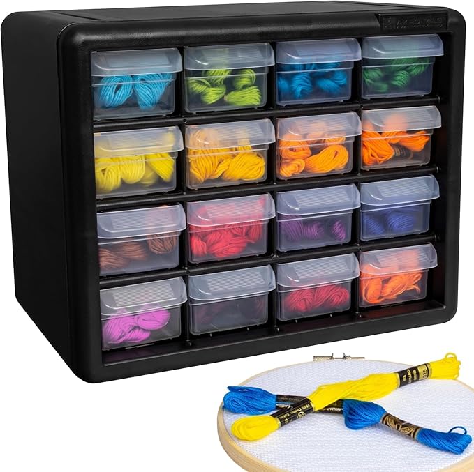 Akro-Mils 16-Drawer Plastic Storage Cabinet, 10.5"W x 6.5"D x 8.5"H, Black | Plastic Cabinet w/ Drawers for Garage Organization, Beads, Makeup Organizer, Building Bricks Storage, Teacher Toolbox, 10116