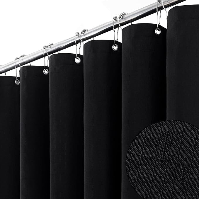 84x72 Wide Linen Textured Waterproof Cloth Thick Shower Curtain, Black | Wide Size, 230GSM Polyester, Heavy Duty Fabric, Weighted Hem, 14 Plastic Hooks, Modern Luxury Hotel Style, Machine Washable