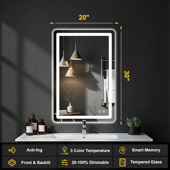 LED Bathroom Mirror with Lights, 20"x30" Lighted Vanity Mirror for Wall | Anti-Fog, Dimmable 3 Color Light, Backlit+Frontlit, Shatterproof Tempered Glass, Memory Function