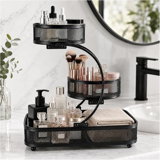 3 Tier Bathroom Counter Organizer-Metal Makeup Organizer for Vanity | Perfume & Cologne Organizer, Metal Wire Mesh Design, Heavy Duty Shelf with Large Storage Capacity, Black