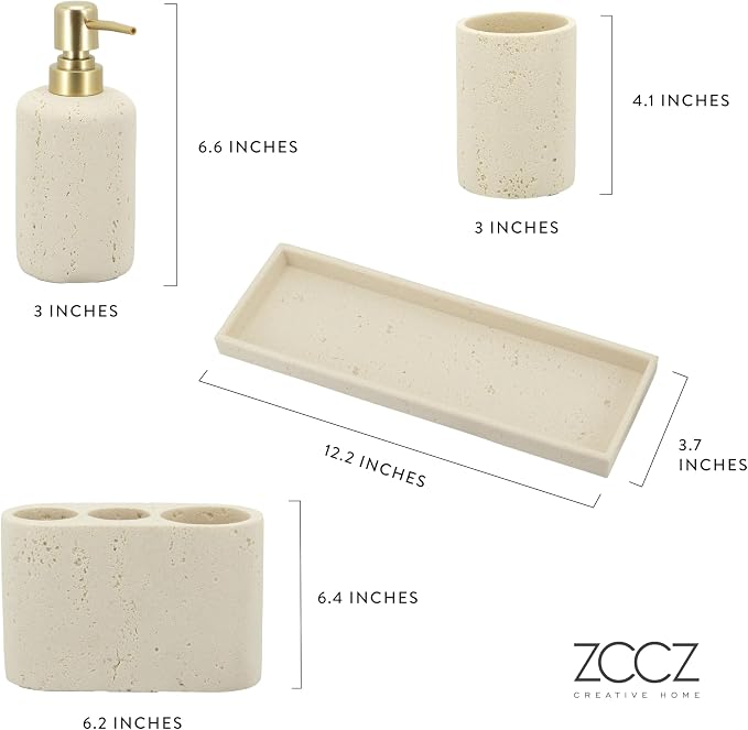 -Beige Bathroom Accessories Set 4 Pcs - Toothbrush Holder, Soap Dispenser, Vanity Tray, Bathroom Tumbler - Countertop Vanity Organizer - Bathroom Accessory Set- Toothbrush Holder Set, Stone Sets