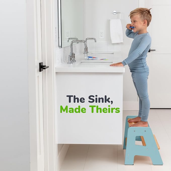 2-Step Wooden Toddler Step Stool for Bathroom Sink & Kitchen Use - Blue | Non-slip steps and padded feet for extra stability. Lightweight to carry, safely supports ages 2+ and adults up to 250 lbs.