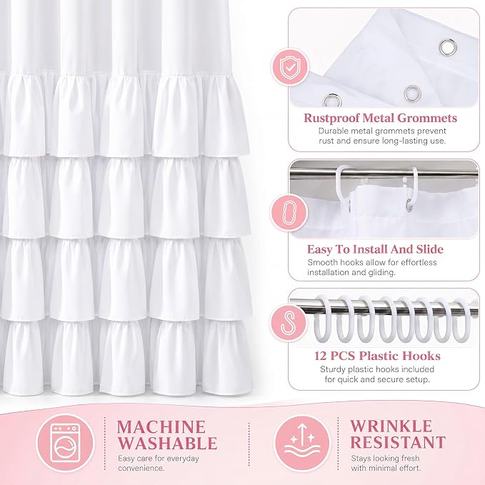 Hahafelt White Dorm Ruffle Shower Curtain 72 x 72 Inches, Half Ruffle | Fabric Preppy Ruffled Shower Curtain with 12 Hooks, Cute Dorm Bathroom Decor, Farmhouse College High School Bathroom Decor
