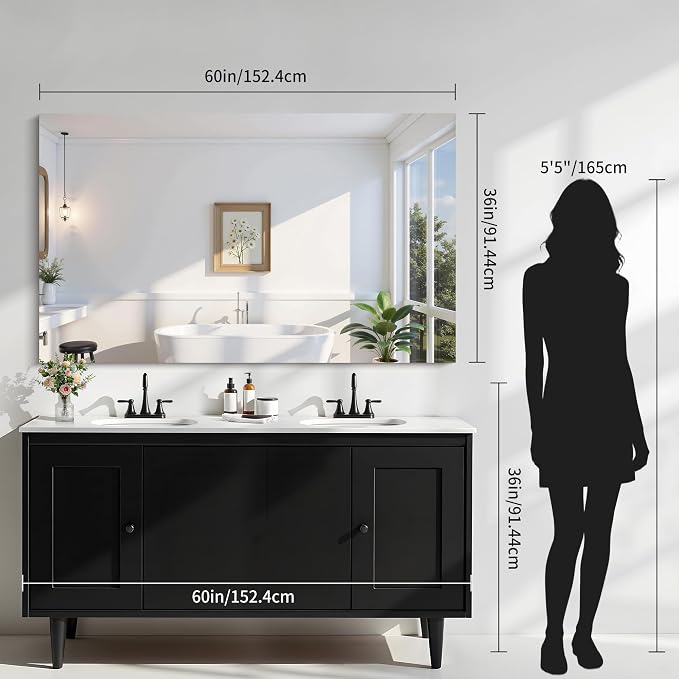 KOCUUY Large Frameless Mirror,60x36 Inch Rectangle Bathroom Vanity Mirror for Over Sink, Upgraded Shatterproof Unframed Design for Bedroom, Living Room, Entryway