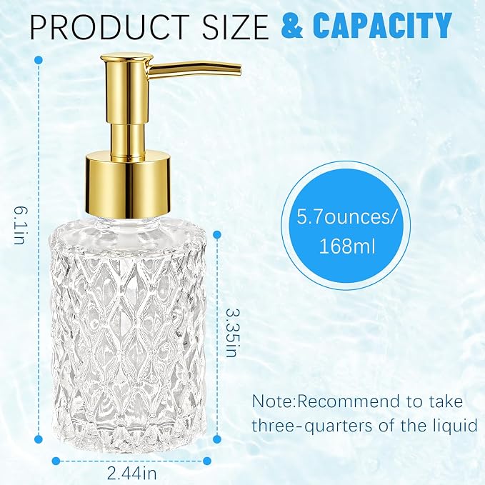 2PCS Glass Hand Soap Dispenser with Pump for Bathroom/Kitchen | Small Crystal Soap Dispenser Refillable Liquid for Dish Soap, Hand Soap, Essential Oil & Lotion (Transparent,Gold Pump)