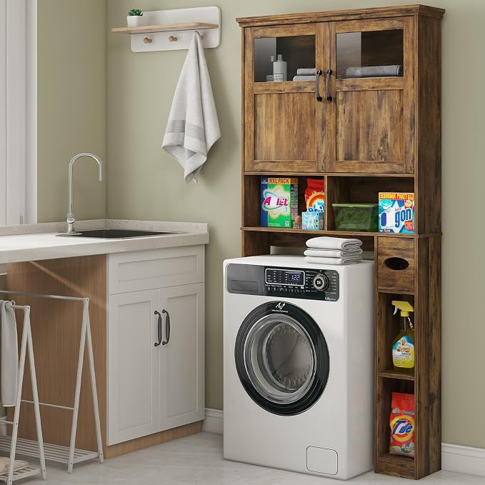 Vabches Over The Toilet Storage Cabinet with Doors & Paper Holder, Brown | Freestanding Toilet Shelf Space Saver with Anti-Tip Design & Adjustable Shelf or Restroom, Bathroom, Laundry