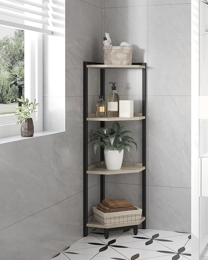 Hzuaneri Corner Shelf Stand 4-Tier Corner Bookshelf Storage Standing Shelf | Bookcase Plant Stand with Metal Frame for Living Room, Home Office, Bedroom, Greige CS05805B