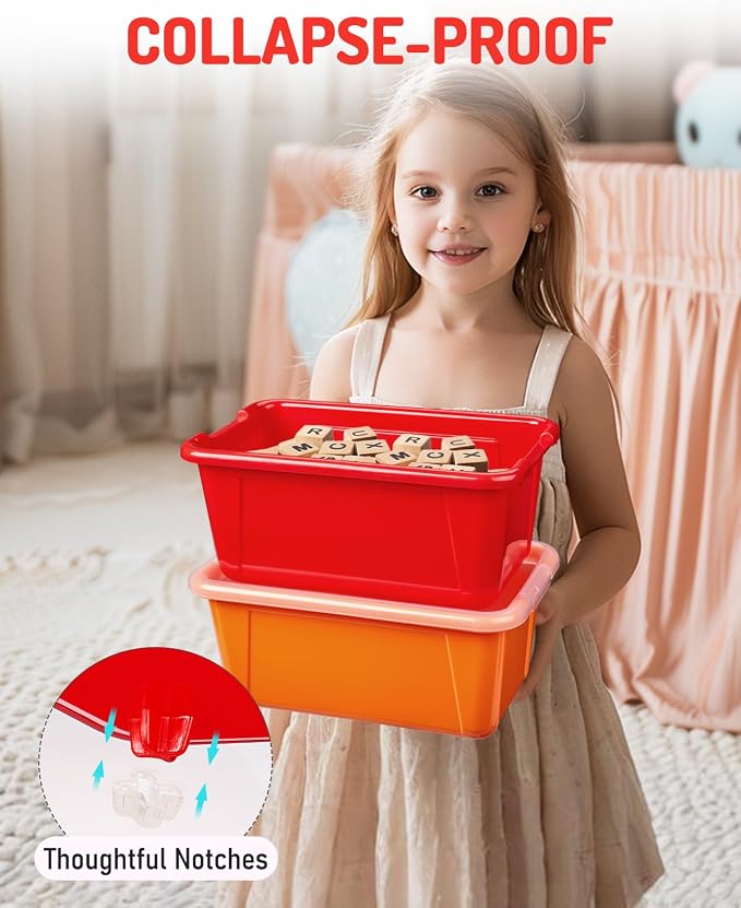 GAMENOTE 6 Quart Stackable Plastic Storage Bins with Lids, 6 Pack, Colorful | Stackable 6-quart bins with lids organize classroom supplies, crafts, toys and building blocks for Classroom & Kids Toy