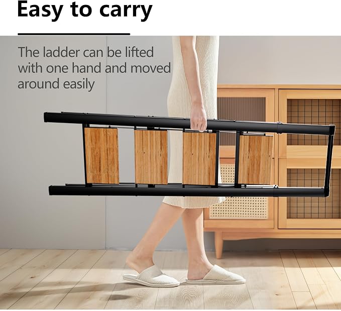 4 Step Ladder, Lightweight Folding Step Stool, Black+Woodgrain | Reach 8ft;Anti-Slip 7.9'' Wide Pedal;Portable Handrail;Space-Saving;For Kitchen, Home, Library, Office Use;300lbs Capacity