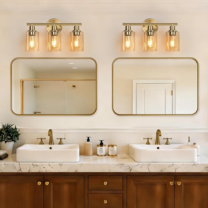 Zarbitta 3-Light Bathroom Light Fixtures, Brushed Gold Vanity Light, Farmhouse Wall Lights with Amber Glass Shades, Bathroom Wall Lamp for Mirror Kitchen Bedroom Hallway Living Room