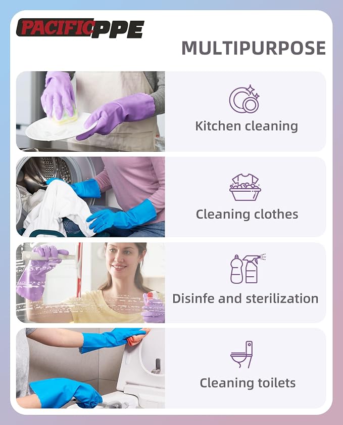 2 Pairs Cleaning Gloves, Cotton Liner, Purple+Blue, Small | Waterproof dishwashing gloves with non-slip grip, Latex-Free, flexible fit for kitchen, bathroom, laundry & cleaning