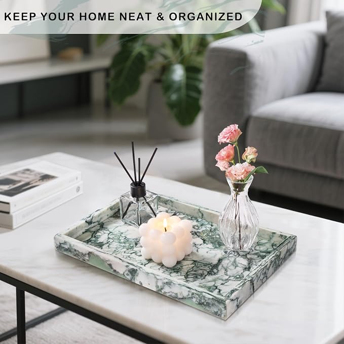 Marble Bathroom Tray for Countertop & Home Decor, Natural Decorative Marble Tray for Jewelry & Perfume Organizer, Luxury Stone Vanity Trays for Dresser, Kitchen Counter, 12" x 8", Jade Green