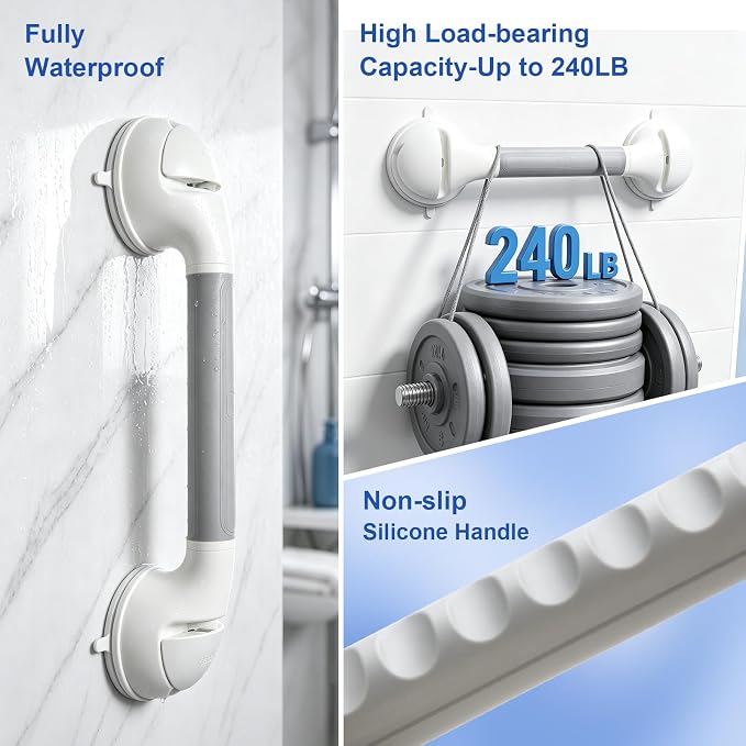 Suction Grab Bar 1 Pack, 16.9 Inch Shower Grab Bars for Seniors, No Drill Removable Bathroom Safety Handles for Bathtubs and Showers, Grey White