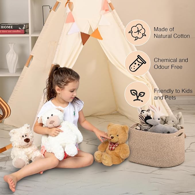 ICERZCZ Woven Cotton Rope Storage Basket for Organizing, Cute Decorative Baskets for Gifts Empty, Organizer Bins for Dog Toy, Baby Laundry, 15“×11”×9.5“, Brown