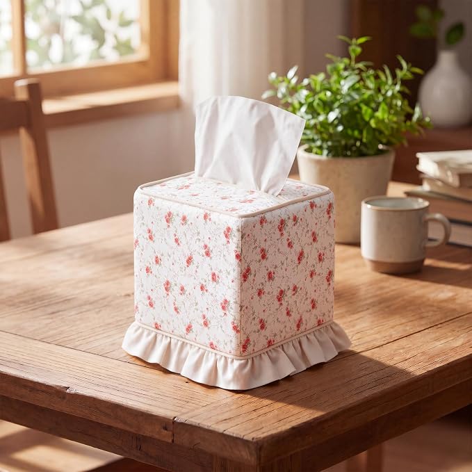 Hushee Cottagecore Ruffle Tissue Box Cover Floral Print Tissue Box Handmade Cotton Square Napkin Holder for Home Bedroom Living Room Bathroom Vanity Countertop Car Office Kitchen(Pink)