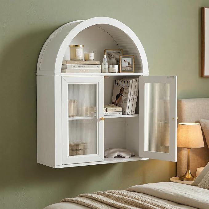 Arched Bathroom Wall Cabinet, Boho Medicine Cabinet with Tempered Glass Doors, Above Toilet Storage Cabinet, Wall Mounted Adjustable Shelf for Living Room, Restroom,White