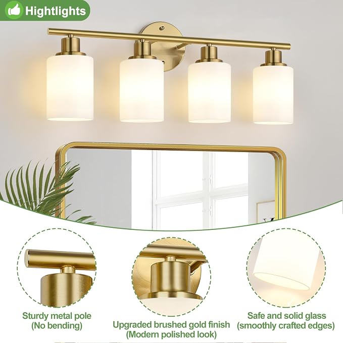 Zarbitta 4-Light Bathroom Light Fixtures, Brushed Gold Modern Vanity Lights with Milky White Frosted Glass Shades, Bathroom Wall Lamp for Mirror Kitchen Living Room