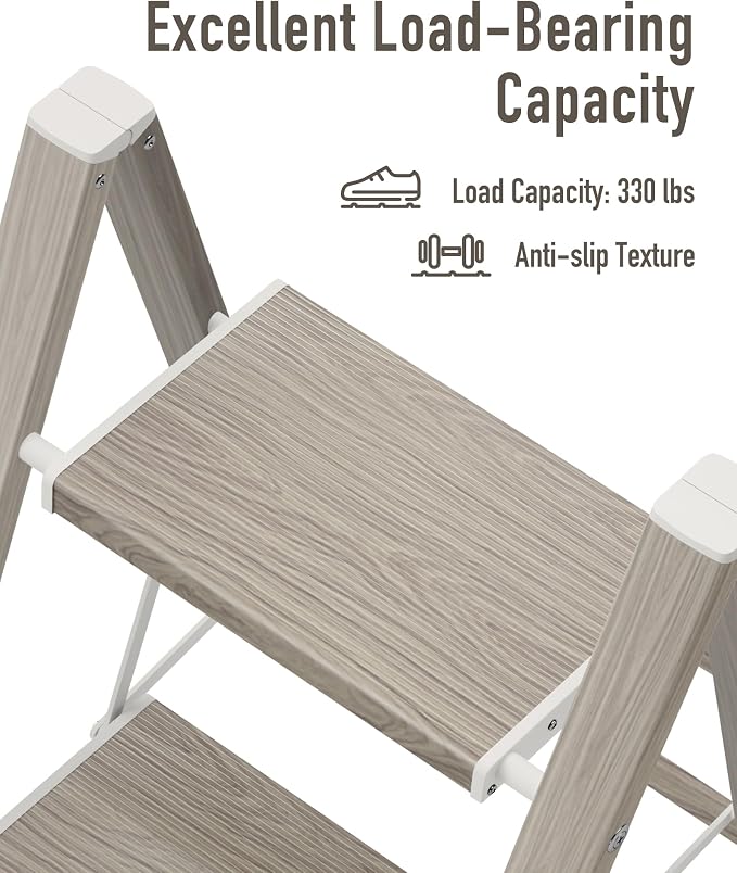 Mayi Plus 2 Step Stool Foldable, Aluminum, Lightweight Step Ladder | Extra-wide anti-slip folding steps with 330 lbs, for home,kitchen,office,outdoor,Fir woodgrain