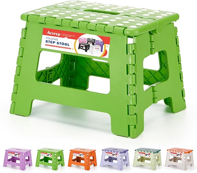 Folding Step Stool 9 Inch for Kids and Adults, 300 lbs, Green | Lightweight Plastic Small Foldable Step Stool with Handle, Non-Slip, for Kitchen, Bathroom, Bedroom and Closet