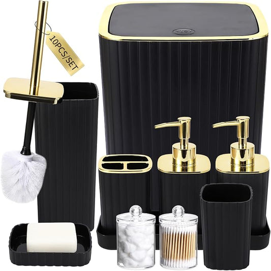 XLHOMO Bathroom Accessories Set - Gorgeous Black Bathroom Set, 10PC Bathroom Accessory Set, Toilet Brush, Trash Can, Qtip Holder & Soap Dispenser