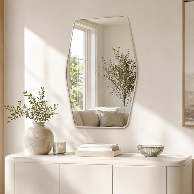 Brushed Nickel Tapered Rectangle Bathroom Mirror, 24x36 Inch | Aluminum alloy frame, tempered glass, two-way keyhole mount, for bedroom, hallway, console