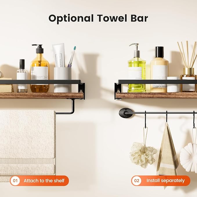 Amada Bathroom Shelves with Towel Bar, Set of 2, Rustic Brown | Floating Shelves with Detachable Towel Bar, Protective Metal Guards, Paulownia Wood, Bathroom, Living Room & Kitchen Storage
