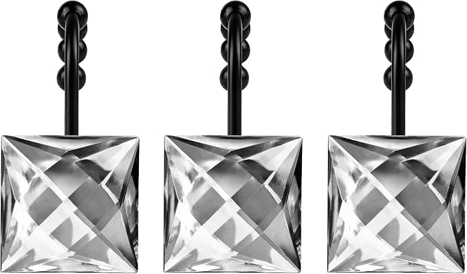 Sunlit Luxury Design Square Clear Diamond Crystal Gem Bling with Glide Balls Shower Curtain Hooks, Rust Proof Metal Rhinestones Glam Shower Curtain Rings with Black Hooks, Set of 12