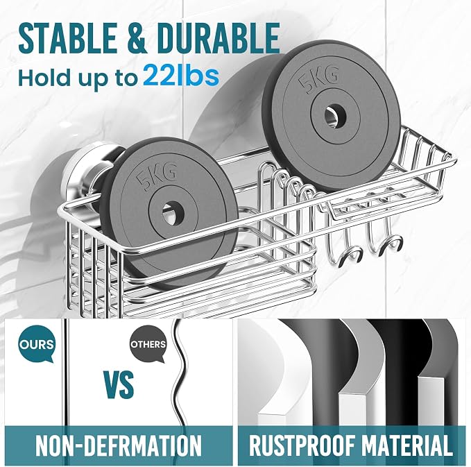 TAILI Shower Caddy Suction Cup with Hooks & Soap Holder, Silver | Heavy Duty Shower Organizers, Removable Bathroom Shelves for Inside,Stainless Steel Bathroom Holder