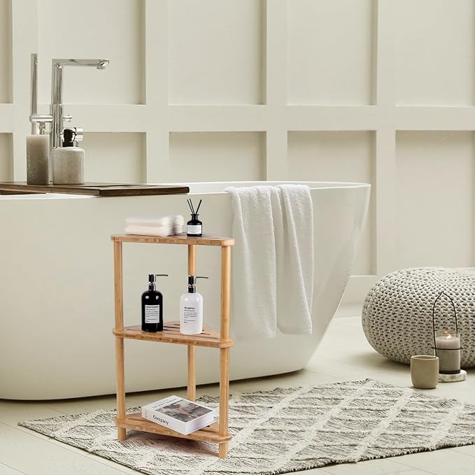 Corner Shelf Shower Caddy Stand 3-Tier,Standing Bathroom Organizer | Bamboo,Large Capacity Shower Storage,Space-Saving,Anti-Slip Feet,Waterproof,Easy to Assemble,Durable,Bath,Living Room,Kitchen