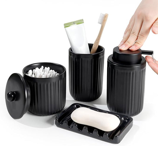 BosilunLife Striped Black Ceramic Bathroom Accessories Set of 4 | Bathroom Decor Sets Accessories Bathroom Lotion Soap Dispenser and Toothbrush Holder Set, Soap Dish, Apothecary Jars.(Liquid)
