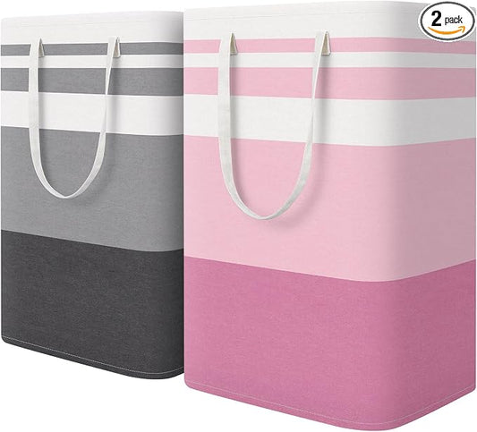HomeHacks 2 Pack Laundry Baskets, Laundry Hampers Bags (Grey+Pink 75L) | Waterproof, Freestanding, Collapsible Clothes Hamper with Reinforced Handles in Laundry Room, College Dorm, Bathroom, Bedroom