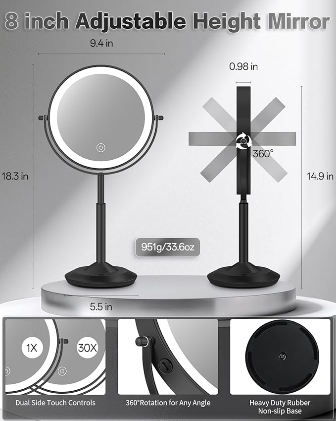 VFD 8'' 30X/1X Magnifying Makeup Mirror with Lights Height Adjustable | Lighted Vanity Mirror with 3 Color Adjustable Brightness, 3000mAh Rechargeable Double Sided Switch for Desk Women Gift