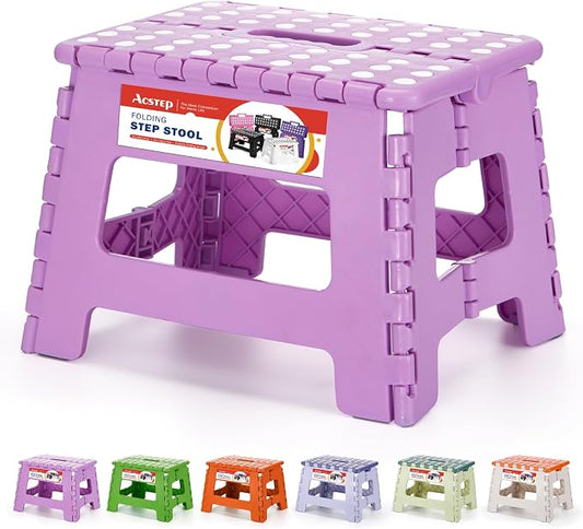 9 Inch Foldable Step Stool for Kids, 300 lb, Light Purple | Lightweight Plastic Small Foldable Step Stool with Handle, Non-Slip, for Kitchen, Bathroom, Bedroom and Closet