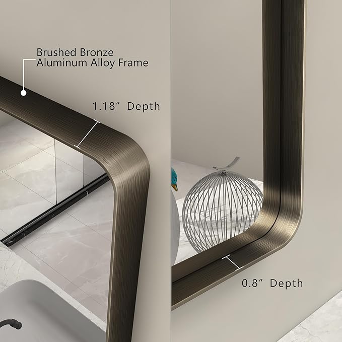 55x30 Inch Brushed Bronze Bathroom Mirror for Wall | Rounded Rectangle Metal Bronze Framed Vanity Mirror, Anti-Rust, Shatterproof, Hangs Horizontally or Vertically