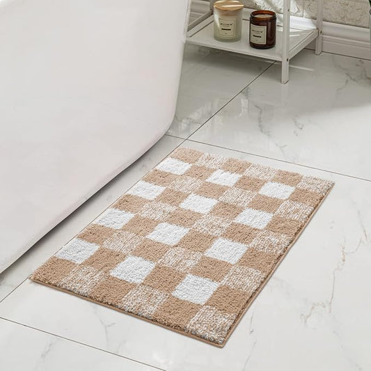 CozeCube Beige Checkered Bath Mat 36"x24" Non Slip Washable Rug | For Bathroom Non Slip, Fluffy Absorbent Microfiber Bath Mats Machine Wash, Stylish Large Aesthetic Bathroom Rugs