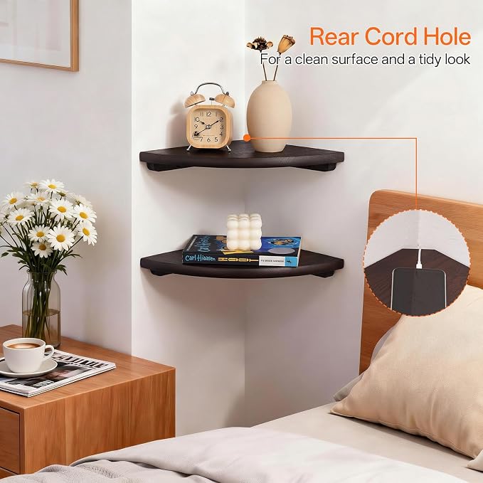 Gieanoo Corner Wall Shelf,9inch Solid Oak Wood Floating Corner Shelf with Wire Hole Corner Wall Storage Display Shelves for Living Room Bedroom Bathroom Kitchen(Walnut)
