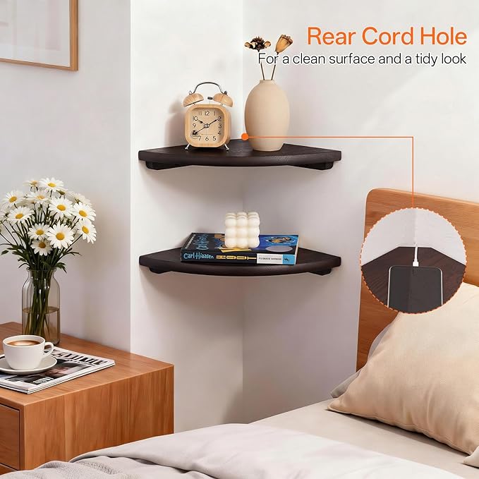 Gieanoo Floating Corner Shelves Set 2 12inch Walnut Solid Oak Rounded Corner Shelves Wall Mounted with Cable Hole Wood Corner Hanging Shelves for Living Room Bedroom Bathroom Kitchen