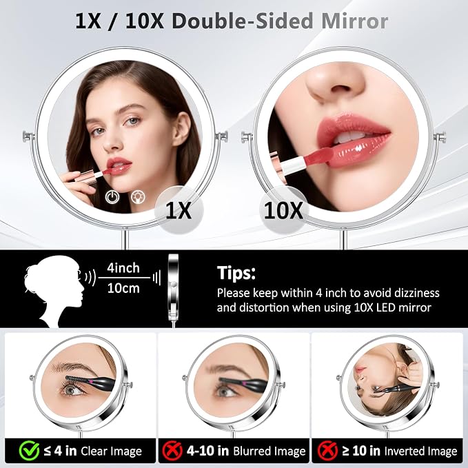 8" Makeup Mirror with Lights,4000mAh Rechargeable Vanity Mirror,1X/10X Double Sided Magnifying Mirror with Adjustable Height, 3 Colors Stepless Dimming Lighted Makeup Mirror,Women Gift