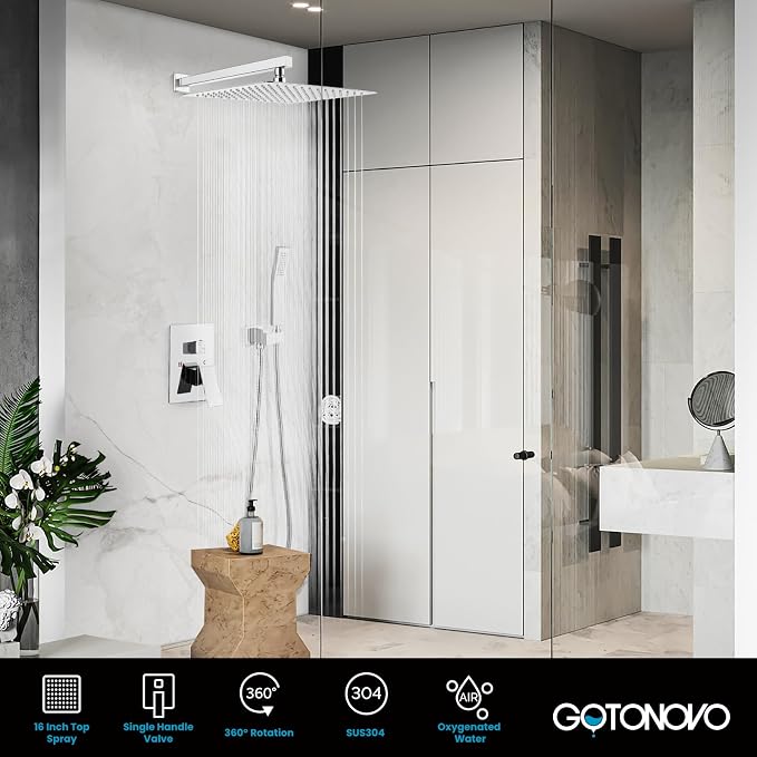gotonovo Shower Faucet Set with Handheld Spray Polished Chrome,16'' Head | SUS304 Rainfall Shower Head and Handle Set System Fixture,Pressure Balance Valve Trim Kit,Single Handle,Wall Mount,All Metal