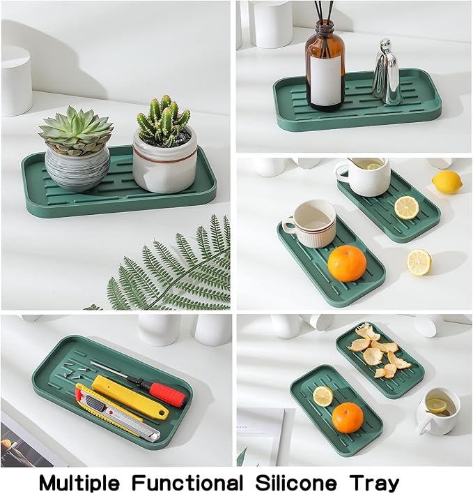 MicoYang Silicone Kitchen Sink Organizer Tray for Multiple Usage,Eco-Friendly Sponges Holder for Kitchen Bathroom Counter or Sink,Dish Soap Dispenser,Scrubber,Bottle,Cup (Green, 10"×5.3")
