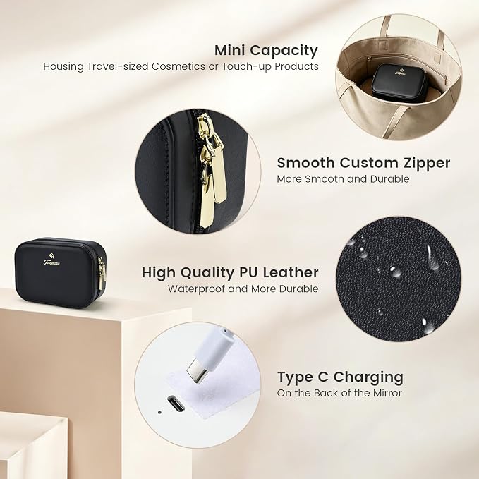 Faquenc Leather Travel Makeup Bag with LED Lighted Mirror Adjustable Brightness in 3 Colors Mini Cosmetic Bag Portable Makeup Pouch Travel Toiletry Bag for Women Instant Touch-up Vanity Black