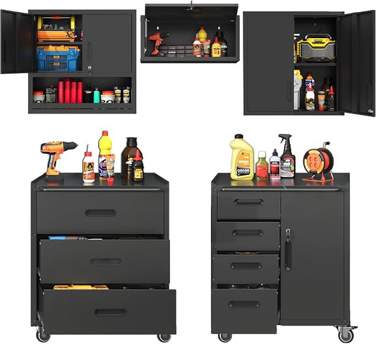 Garage Storage Cabinet System,Wall Cabinet & Locking Rolling Tool Cabinet with Doors and Adjustable Shelves