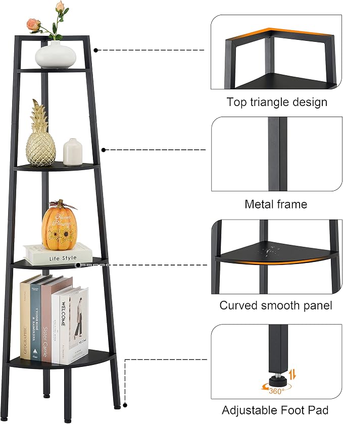 Hoctieon Corner Shelf, 4-Tier Corner Bookshelf, Rustic Ladder Shelf, Industrial Display Stand for Living Room, Kitchen, Home Office, Balcony, Small Space, Metal Frame, Black
