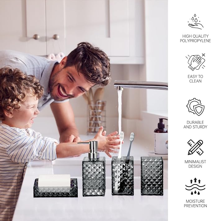 Bathroom Accessory Set, Grid Pattern 4 Pcs Plastic Bathroom Set, Grey | Include Soap Dispenser, Soap Dish, Toothbrush Holder, Mouthwash Cup, Modern Bathroom Decor Set