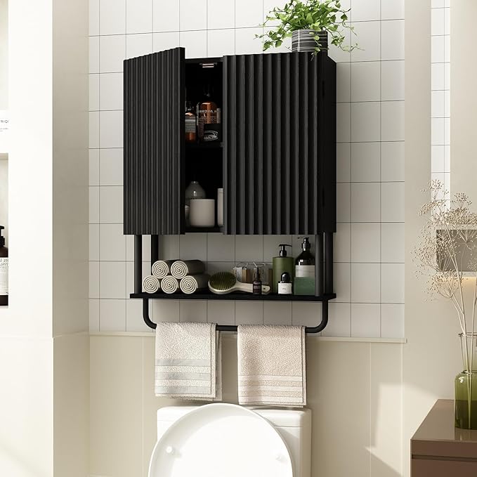 RUSTOWN Fluted Bathroom Wall Cabinet with 2 Doors, 3-Tier Medicine Cabinet | Modern Farmhouse Wall Mounted Cabinets, Over The Toilet Storage Cabinet, Adjustable Shelf and Towel Bar, Medium